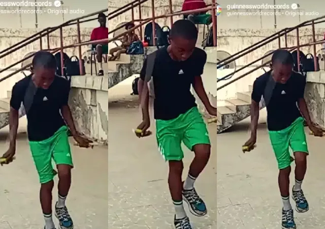 Nigerian boy makes history as he sets new Guinness World Record for skipping 153 times in 30 seconds on one foot (Video)