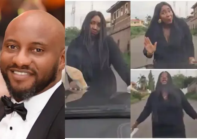 "Run me over"- Judy challenges Yul Edochie, blocks the road, stops Yul from driving out